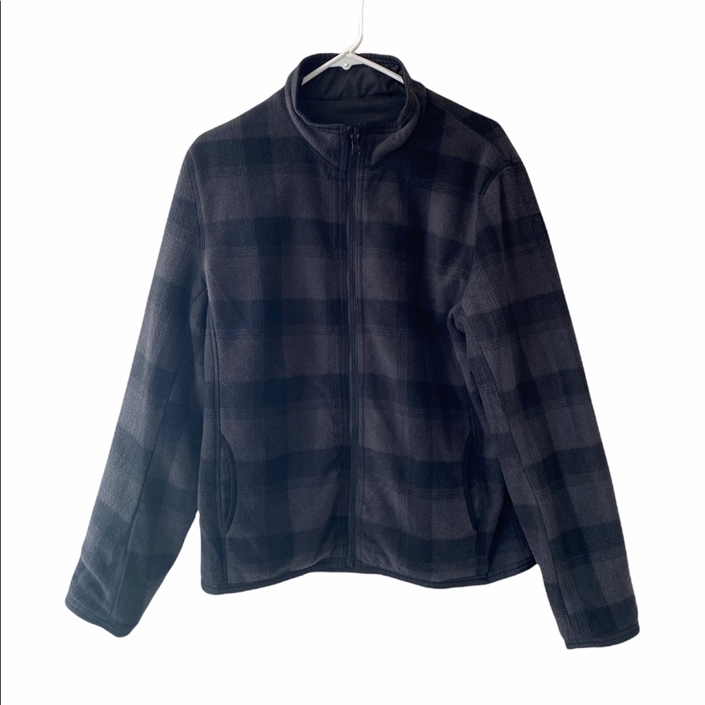 Kenneth Cole Reaction Reversible Black & Gray Plaid Fleece/Nylon Zip-Up Jacket S